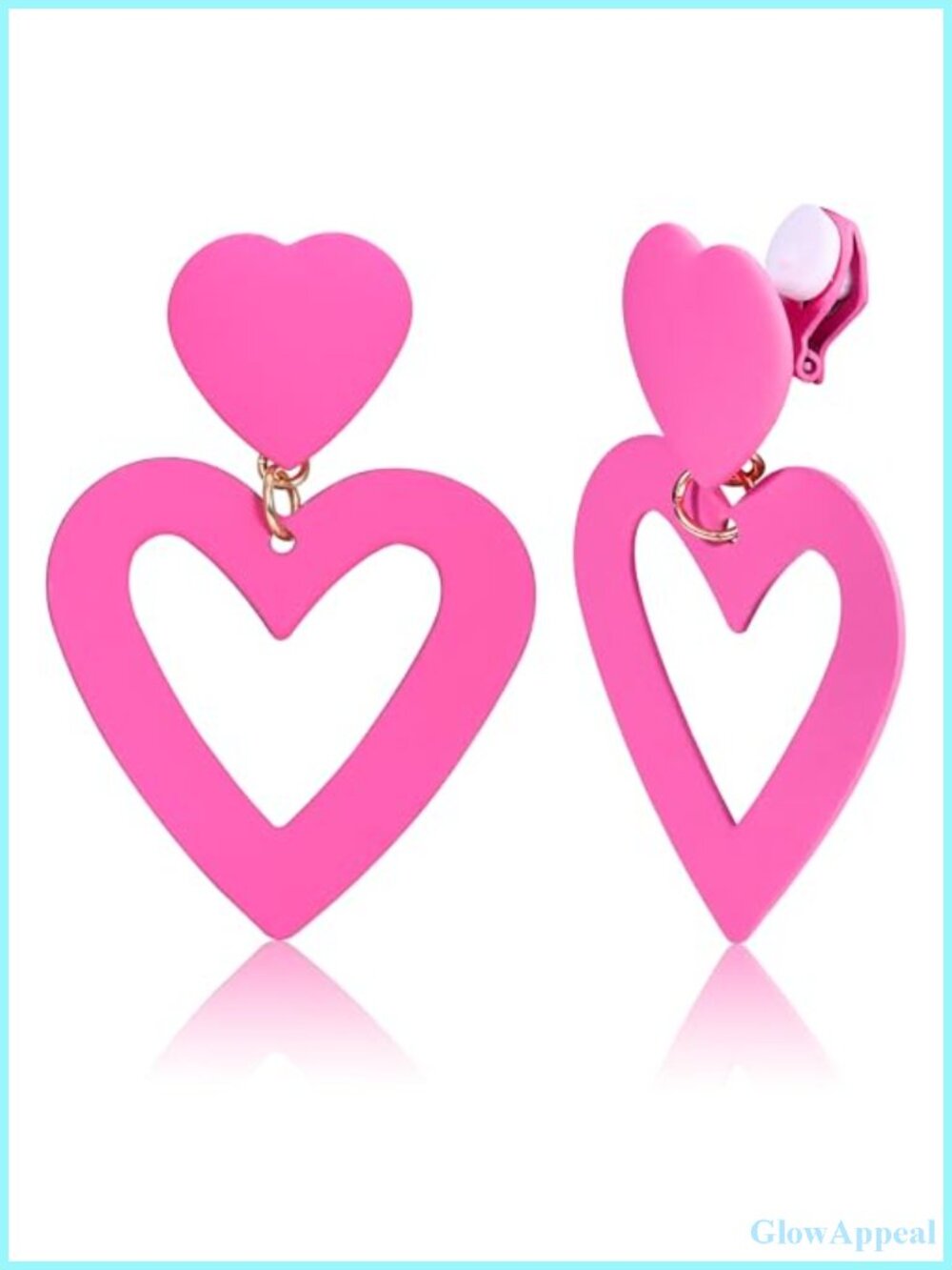 Double Heart Clip On Earrings for Women Pink Dangle Drop Earrings Stainless